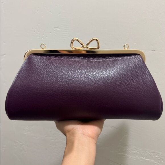 Purple Pebble Leather Handmade Bow Shaped Kisslock Baguette Bag/Crossbody - Picture 5 of 16